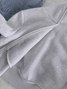 SHEIN 女童寬鬆休閒極簡舒適日常街頭風連帽修身口袋前開拉鍊短款長袖運動衫外套 白色返校穿搭 - 灰色 - 查看 6