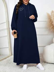 Modelyn 大尺碼抽繩連帽長袖休閒素色端莊阿拉伯風冬季洋裝 - 藏蓝色 - 查看 1