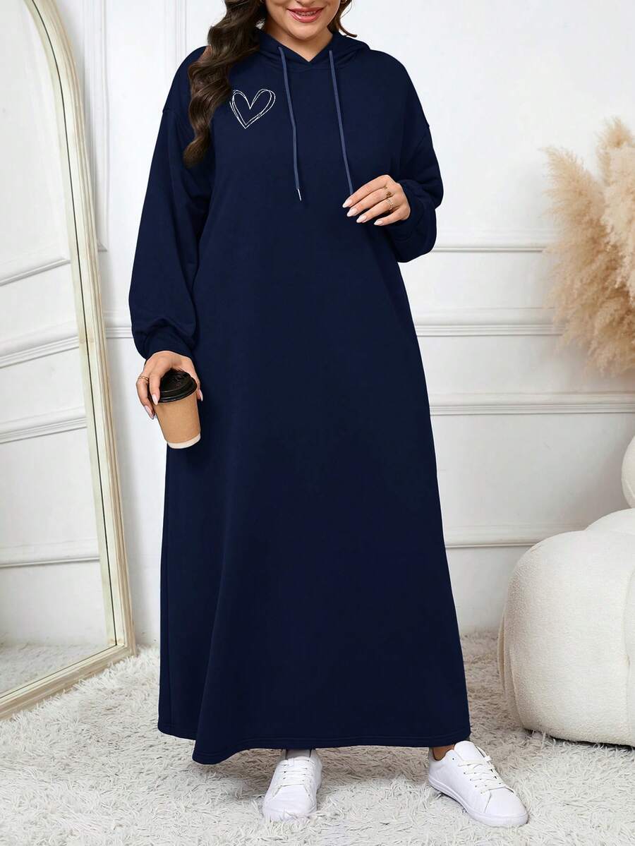 Modelyn 大尺碼抽繩連帽長袖休閒素色端莊阿拉伯風冬季洋裝 - 藏蓝色 - 查看 1