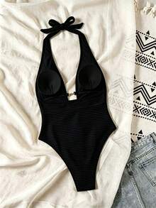 Springbreak Swim SXY 女款黃色羅紋提花面料鏤空深背V領掛脖高衩連身泳衣，性感休閒海灘度假、泳池派對、溫泉、海灘穿搭、波希米亞風節慶 - 黑色 - 查看 3