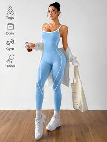 SHEIN Dewbera 女款拼色休閒日常旅行運動細肩帶連身褲 - 藍色 - 查看 5