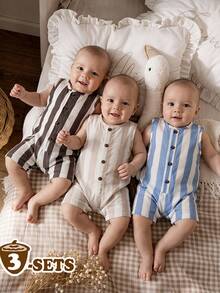 SHEIN Vintaside Kids 男嬰夏季極簡復古休閒梭織寬鬆多色圓領開襟衫條紋無袖豹紋鈕扣連身褲短褲3件套，日系休閒田園風，適合休閒、日常外出、嬰兒走路、玩耍等場合 - 彩色 - 查看 4