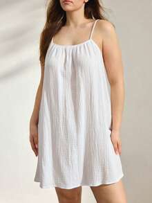 Ocili Leisure Comfortable Minimalist 100% Cotton Plain Weave Double Layer Crepe Comfortable Minimalist Pajamas Women's Loungewear Dress Plus Size Nightgown - White - View 5
