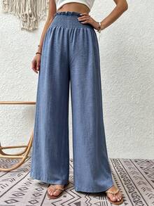Breezaya Vacation Casual Versatile Solid Color Wide Leg Long Pants - Blue - View 6