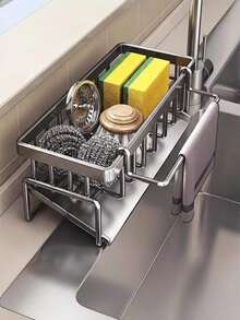 1pc Rust Proof Kitchen Sink Storage Rack With Towel Bar And Drip Tray, Anti Slip, Can Store Sponge, Suitable For Kitchen Sink, Rust Proof Carbon Steel Material Kitchen Sink Storage Accessories - Multicolor - View 2