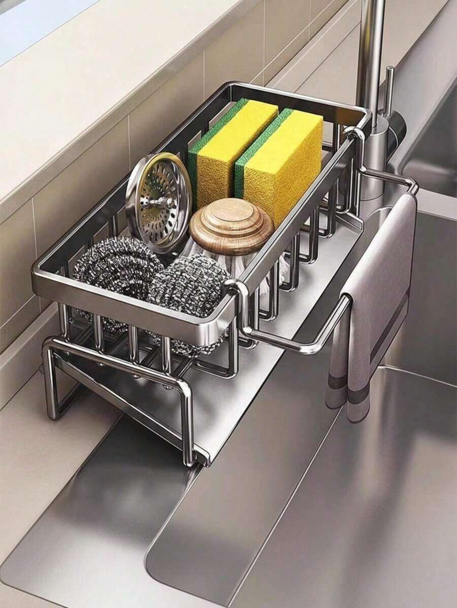1pc Rust Proof Kitchen Sink Storage Rack With Towel Bar And Drip Tray, Anti Slip, Can Store Sponge, Suitable For Kitchen Sink, Rust Proof Carbon Steel Material Kitchen Sink Storage Accessories