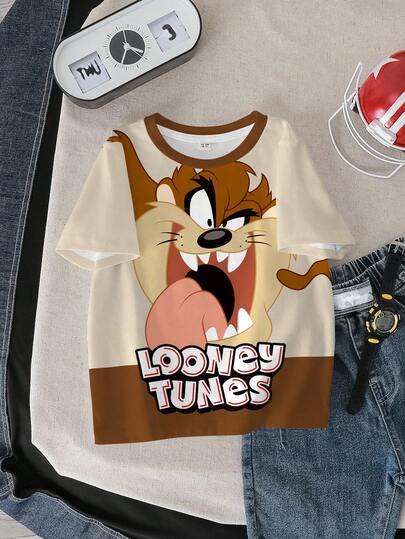 LOONEY TUNES X SHEIN Young Boy Letter Cartoon Print Crew Neck Short Sleeve Casual T-Shirt