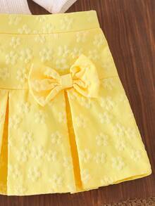 SHEIN Playful Pals 嬰兒女寶寶白色針織紋理面料荷葉袖長袖上衣與粉色燈芯絨裙子T恤套裝，甜美可愛2件式嬰兒套裝 - 黃色 - 查看 6