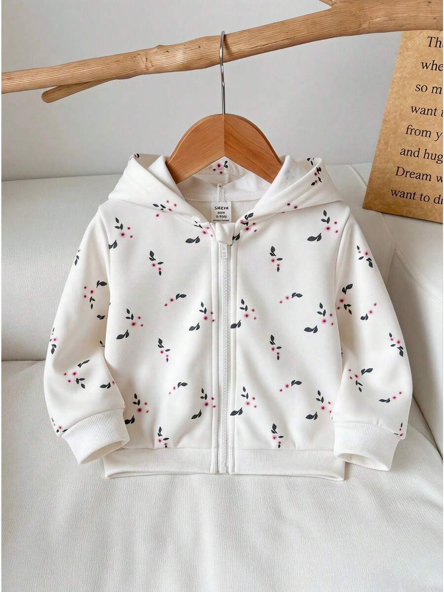 SHEIN Vintaside Kids 女嬰休閒可愛純色保暖內裡連帽拉鍊外套,適合秋冬,白色 - 彩色 - 查看 1