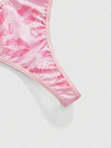 Mean Girls | ROMWE Ensemble de lingerie avec soutien-gorge triangle à col ras-du-cou et culotte, imprimé amusant de oreilles de lapin et lèvres de dessin animé - Rose bonbon - Voir 3