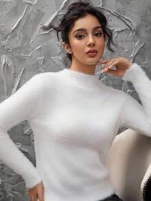INAWLY Sweater Rajut Wanita Lengan Panjang Kerah Tegak Warna Polos, Sweater Pullover Rajut Musim Gugur/Dingin - Putih - View 5
