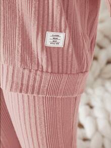 SHEIN Teen Girl Woven Label Knitted Fuzzy Ribbed Hoodie Autumn Top And Flared Long Pants Casual 2 Pieces Set - Pink - View 4
