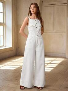 Selenza Plus Size Women's Button Casual Traditional Daily Formal Vacation Outing Camisole Denim Wide Leg Jumpsuit White Summer - White - View 8