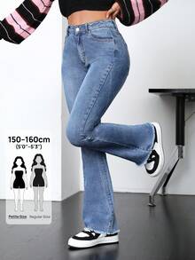 SHEIN PETITE 小碼女款喇叭牛仔褲，流蘇下擺 - 中等水洗藍 - 查看 1