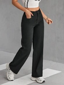 SHEIN PETITE 女款休閒純色直筒牛仔褲，黑色丹寧寬鬆男友風直筒褲，寬鬆版型，適合嬌小女性 - 黑色 - 查看 4