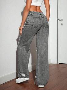SHEIN Tall Fashionable Distressed Ripped Wide Leg Grey Jeans, Tall Women - Grey - View 2