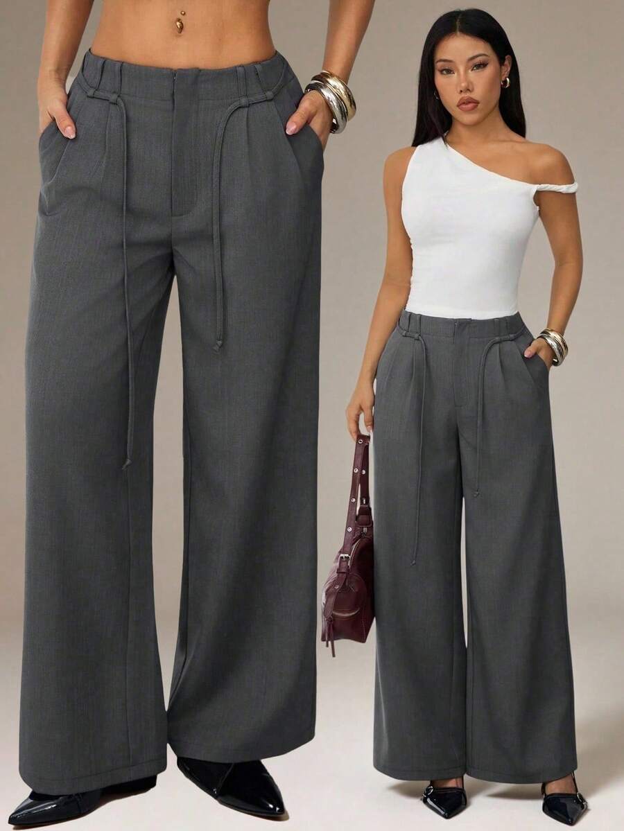 SHEIN PETITE Grey Winter Chic Office Women Elegant Straight Leg Wide Leg Pants,Business Casual Low Rise Baggy Work Clothes,Spring&Summer Fashion Streetwear Y2k ,Petite Women - Grey - View 1
