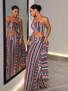 BamGleam Women's All-Over Print Tie-Up Design Bandeau Top Skirt Boho Tropical Two Pieces Set Vacation Navy Blue Gold Summer Night Out - Multicolor - View 6