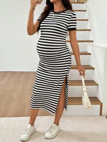 SHEIN Maternity Striped Round Neck Short Sleeve Side Slit Hem Fitted Dress - Black and White - View 7