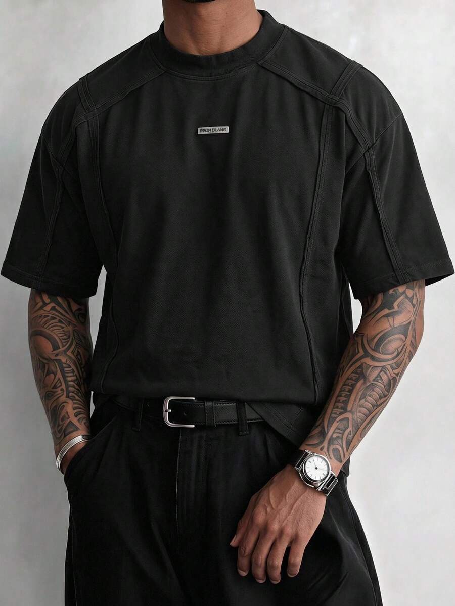 NEON BLANC Men's Summer Casual Loose Short Sleeve T-Shirt, Standard Size, Dark Gray, Solid Color, Asymmetrical Patchwork - Black - View 1