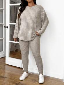 Lounesse 女士秋季服装返校运动套装简约简约紧身纹理打底裤和长袖上衣套装女士加大两件套 - 杏色 - 查看 5