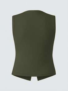 SHEIN BASICS 休閒純色針織修身大尺碼背心 - 軍綠色 - 查看 2