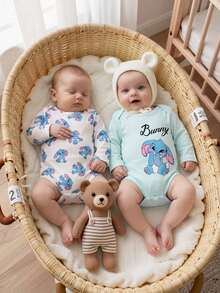 SHEIN 2pcs/Set Baby Boy Cute Rabbit Print Long Sleeve Bodysuit, White Light Blue Color, Spring/Autumn Crawl Suit, Matching Parent-Child Style, Soft Fabric - Blue - View 4