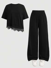 SHEIN 青少年女孩黑色針織蕾絲拼接下擺T恤與長褲休閒兩件套，夏季休閒兩件套 - 黑色 - 查看 5
