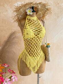 Soleia Women's Solid Color Halter Tie Sexy Tropical Boho Bikini With Triangle Panties And Sequin Fringe Design Dress Knit Set Beach Party Vacation Yellow - Yellow - View 6
