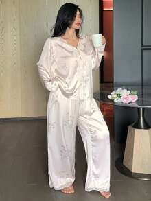 Dazy Plus Floral Print All-Over Lace Trim Patchwork Loose Top And Pants Elegant Spring/Autumn Pajama Set - Apricot - View 7