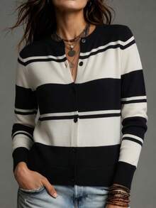 SHEIN PariChic 女款拼色單排扣休閒百搭日常開襟衫 - 黑與白 - 查看 7