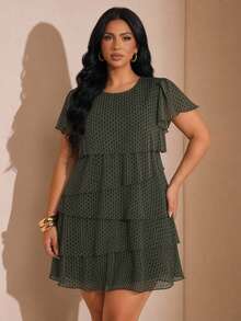 Chikora Vestido holgado de manga corta con pétalos y cuello redondo con lunares para mujer talla grande - Verde - Ver 1