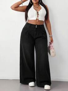 SHEIN Tall CURVE 大尺碼時尚百搭口袋鈕扣寬鬆牛仔褲 女款牛仔女孩風冬季秋季服飾 - 黑色 - 查看 4
