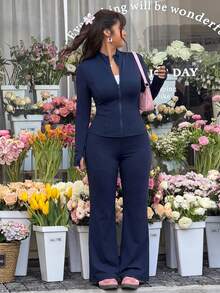 SHEIN EZwear 大码休闲轻便瑜伽夹克和喇叭裤两件套大码两件套裤装女式海军蓝女式长袖裤套装海军蓝大码裤装，女士秋季服装 - 藏蓝色 - 查看 6
