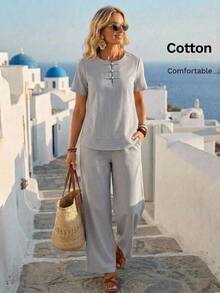 Faunlyn Conjunto de 2 piezas de top y pantalones a rayas casual para vacaciones de mujer - Multicolor - Ver 2