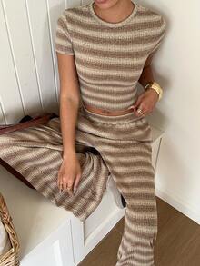 SHEIN EZwear 女款棕色條紋針織休閒套裝 - 咖啡棕 - 查看 10
