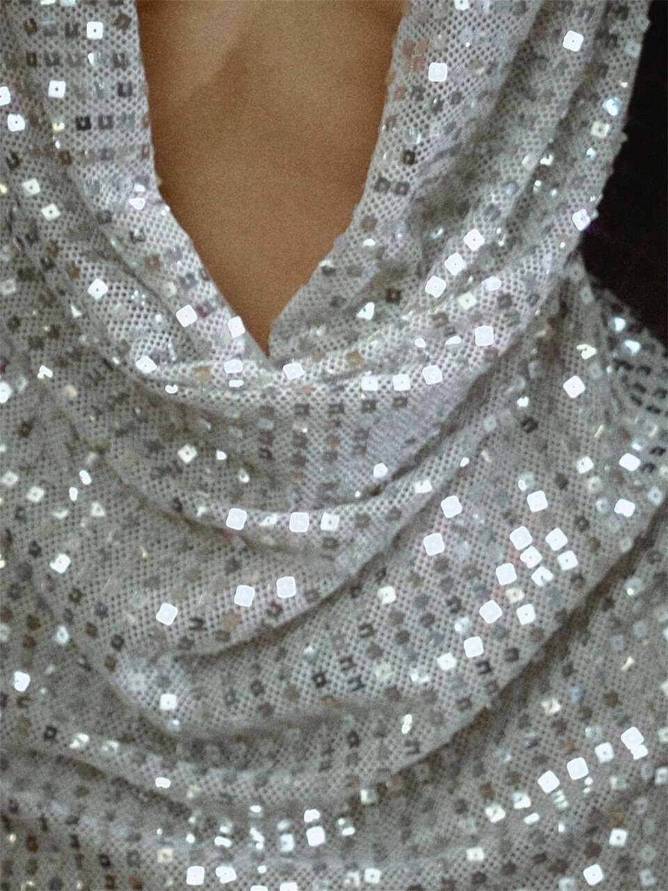 Silver Sequin Embellished Cowl Neck Mini Dress