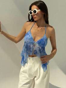 Aloruh New Summer Orange Floral Tropical Print Sexy Deep V Backless Crop Top, Suitable For Going Out, Beach, Vacation - Dusty Blue - View 5
