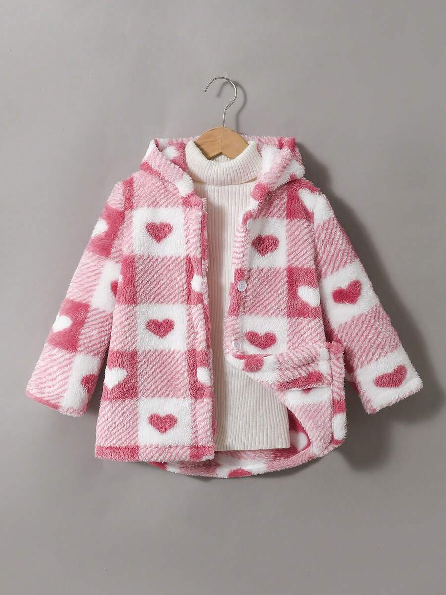 SHEIN Explorewe 女童愛心格紋印花抓絨內裡拉鍊外套,秋冬外套 - 粉色 - 查看 1
