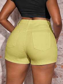 Slaydiva Plus Size Women'S Pocket Button Casual Versatile Daily Travel Denim Shorts Vacation Outfits - Yellow - View 2
