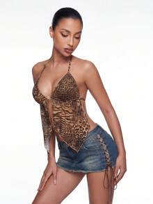 SHEIN ICON 复古豹纹露背吊带背心，下摆开衩 - 棕色 - 查看 12