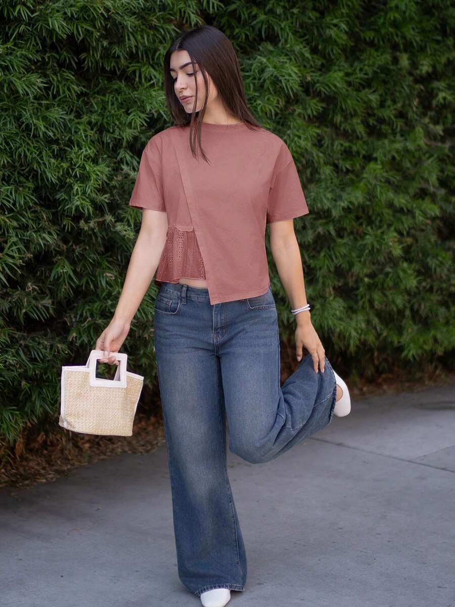 Andrea Bello 女款休閒純色圓領短袖不對稱下擺T恤,荷葉邊粉色 - 粉色 - 查看 1