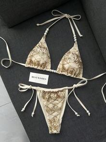 Sirith 春夏性感女款兩件式比基尼泳衣套裝，亮片珠飾裝飾，細肩帶掛脖三角上衣搭配側綁帶泳褲 - 香檳色 - 查看 6