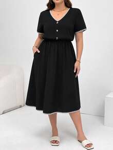 Shapeblank Plus Size Summer Casual Contrast Trim Embroidered Dress - Multicolor - View 5