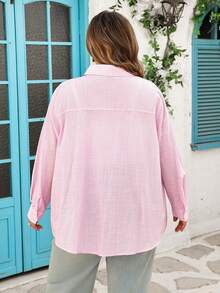 SHEIN CURVE+ Curve Size US22 音樂節海邊度假波希米亞風女款長袖休閒條紋襯衫，春夏女裝 - 粉色 - 查看 3