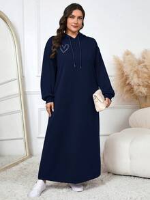 Modelyn 大尺碼抽繩連帽長袖休閒素色端莊阿拉伯風冬季洋裝 - 藏蓝色 - 查看 6