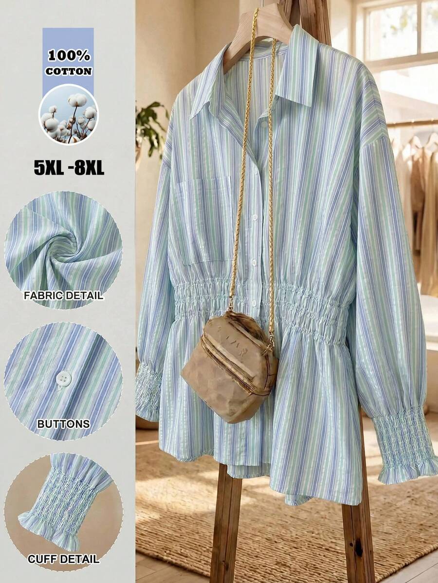 SHEIN CURVE+ Light Blue Gathered Waist Shirt Commuting In Autumn Vacation Beach, Winter 2026 Plus Size 22W - Multicolor - View 1