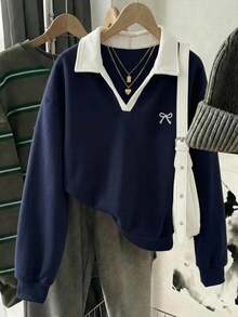 Tween Girl Casual Versatile Blue Tone Collared Preppy Style Back To School Embroidered Sweatshirt Fall/Winter - Blue - View 2