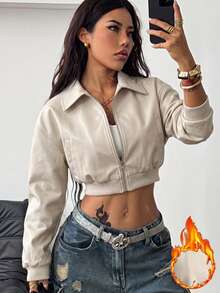 Coolane 女款秋季街頭風約會夜生活辦公穿搭復古紅色皮革短夾克外套 - 杏色 - 查看 2