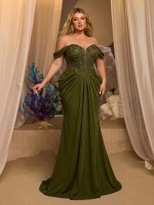 Glamrae Plus Size Elegant Glamorous Sequin Patchwork Elastic Knit Off-Shoulder Cap Sleeve Ruched Bodycon Mermaid Hem Evening Gown Suitable For All Formal Occasions - Army Green - View 6